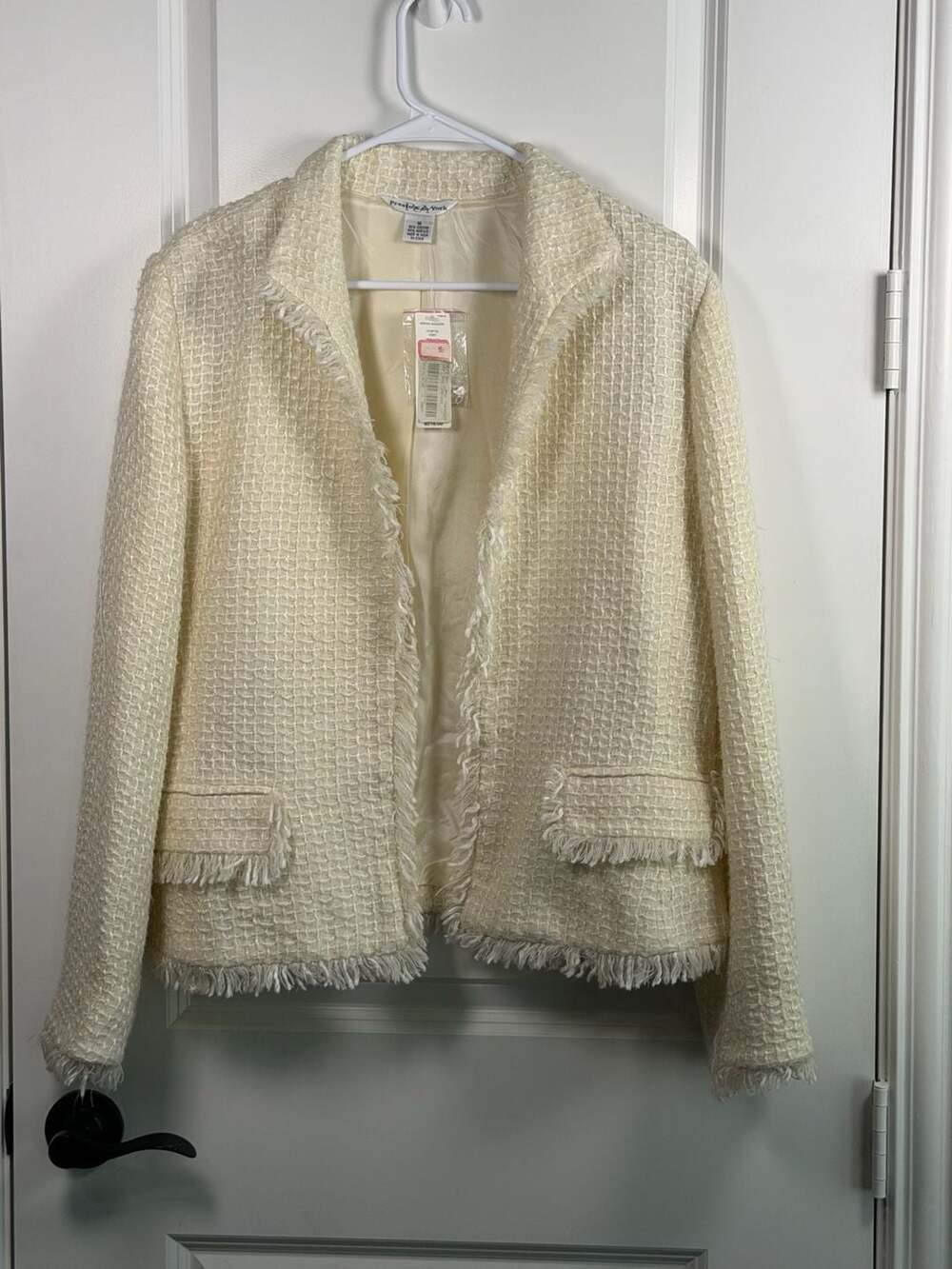 Preston & York Women's Cream Boucle Tweed Fringe Trim Open Front Jacket Size 14 - Picture 1 of 3